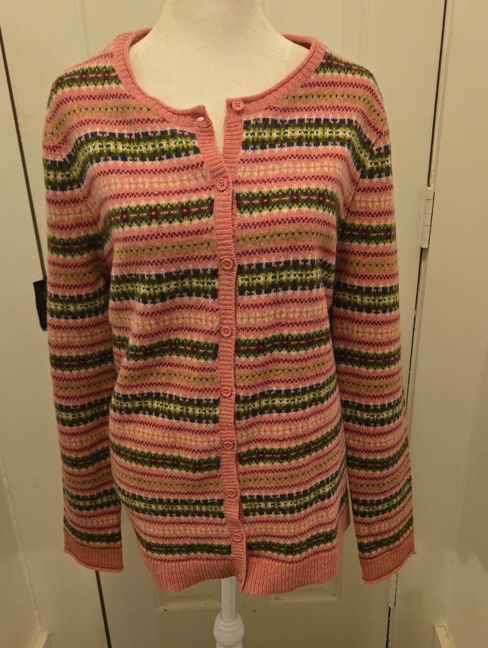 Tabitha Webb Pink Fair Isle Nordic Stripe Wool Cardigan Sweater XL